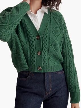 Madewell Green Cable Knit Button-Front Women's Sweater Cardigan